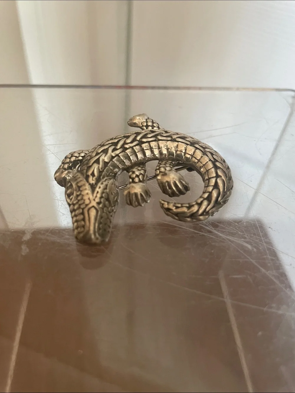 Silver Crocodile Reptile Figurine Brooch - stamped .925